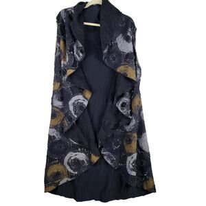 Women's One Size Open Front Lagenlook Vest Blue Celestial Moon Print Art To Wear